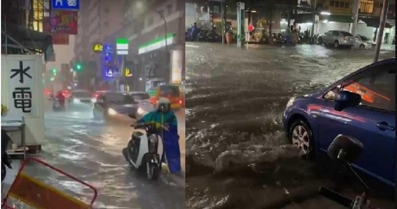 台南永康區（左圖）有騎士牽車涉水而過；高雄鳥松區（右圖）積水淹至騎樓。（圖／截自記者爆料網）