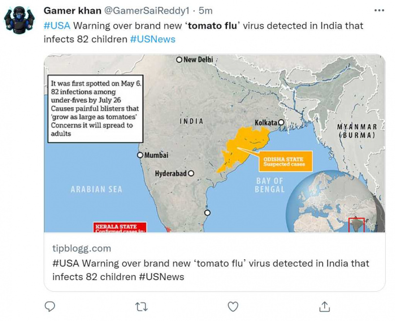 印度南部的喀拉拉邦與泰米爾納德邦爆出一種名為「番茄流感」的神秘疾病。（圖／翻攝自推特）