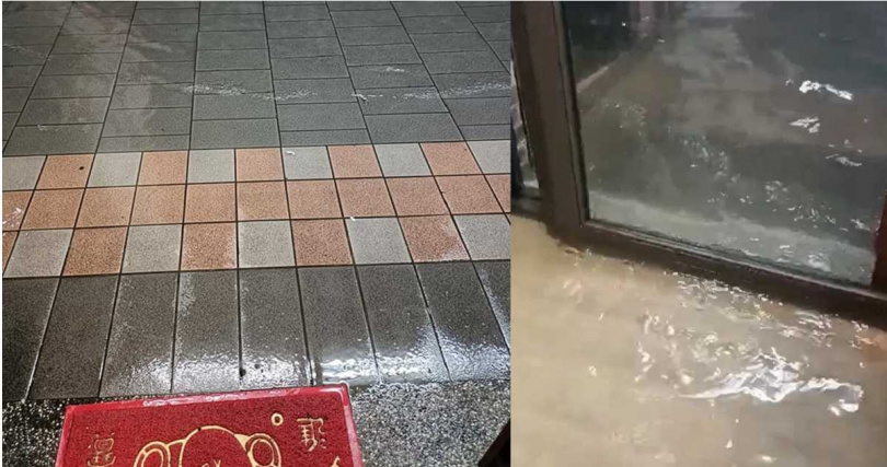 雨水快速湧入南勢角的店家約5公分高，讓民眾直呼好像在海邊。（圖／翻攝自臉書）