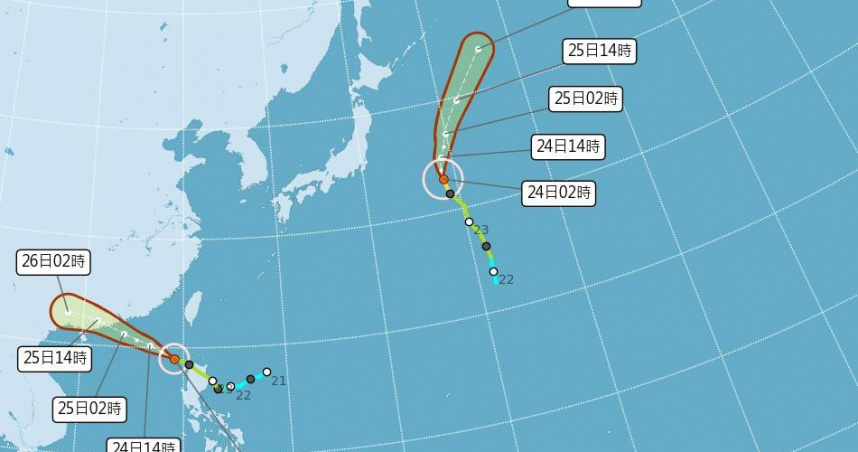 「蝎虎」開眼增強成中颱，「馬鞍」環流今天也發威，但兩個颱風對台灣無直接威脅。（圖／中央氣象局提供）
