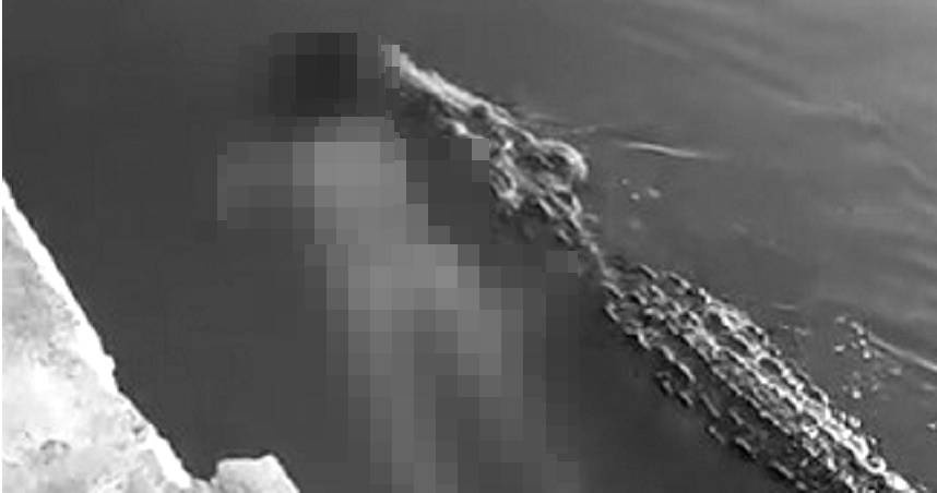 鱷魚咬著男浮屍在水面游泳。（圖／翻攝teté推特）