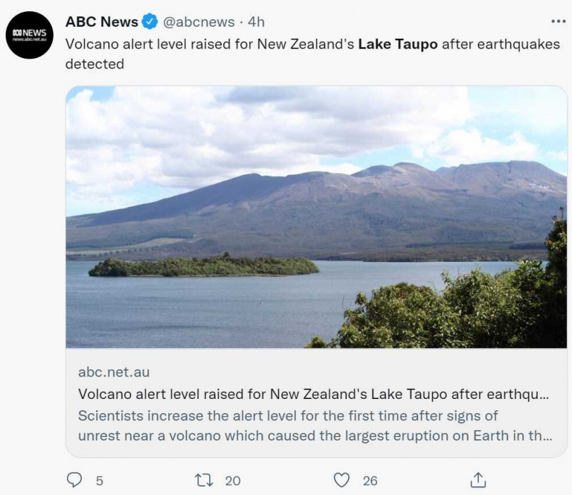 紐西蘭科學家20日提高北島陶波胡（Lake Taupo）下方超級火山的警戒級別。（圖／翻攝自@abcnews推特）