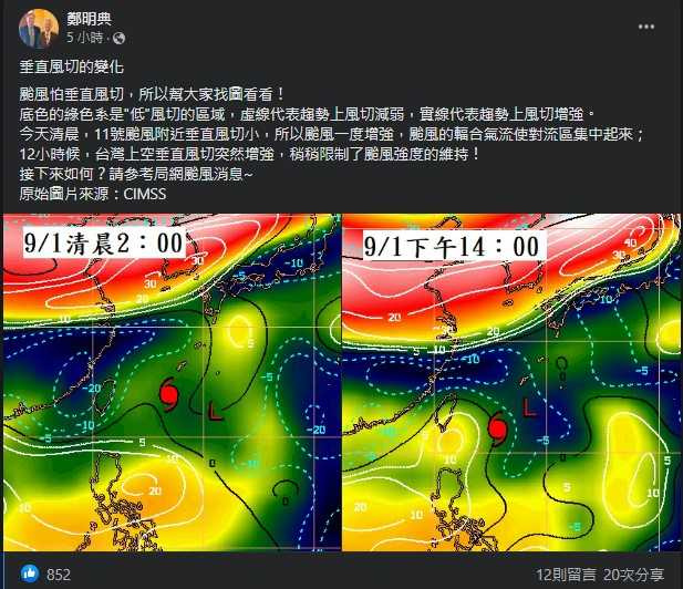 鄭明典指出，台灣上方垂直風切增強，限制颱風發展。（圖／翻攝自鄭明典臉書）