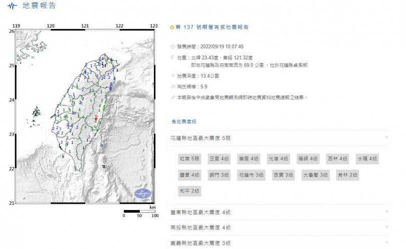 今日一早花蓮發生芮氏規模5弱的餘震。（圖／氣象局）