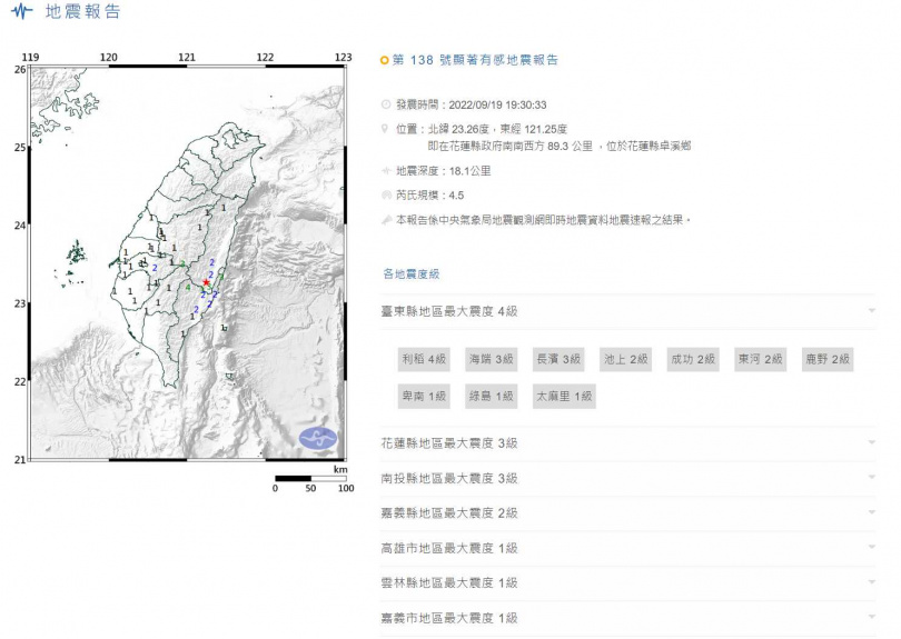 今天晚間7點30分發生芮氏規模4.5的有感地震，震央位於花蓮縣卓溪。（圖／氣象局）