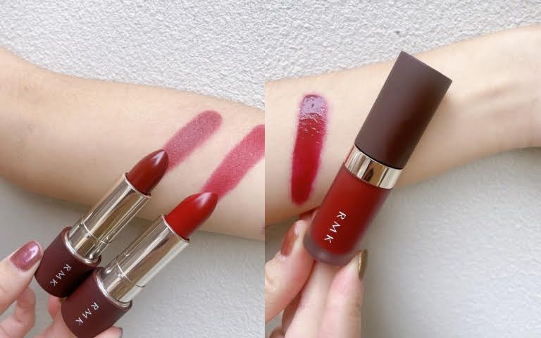 RMK 瑩柔潤透口紅 新2色EX-04 Heritage Red、EX-05 Rustic Red　3.4g／1,350元，限量上市、RMK 持色水感唇釉EX-01 Venetian Red4.3g／1,400元（圖／黃筱婷攝）