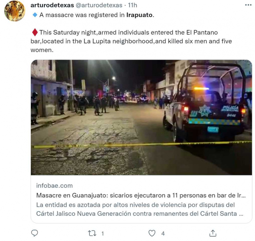 儘管墨西哥總統羅培茲歐布拉多上任後，就誓言要打擊墨西哥幫派和毒梟問題，但當地的暴力衝突事件依舊頻傳。（圖／翻攝自@arturodetexas推特）