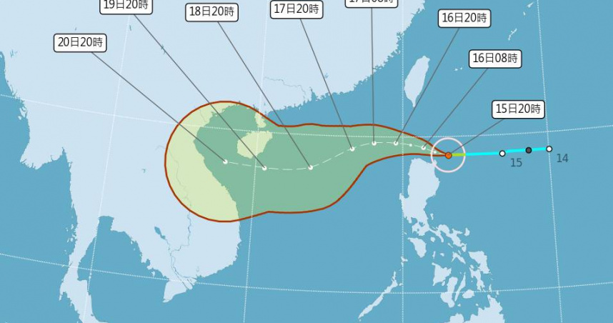 今天（15日）颱風外圍環流影響，臺中以北、東半部及恆春半島都有降雨。（圖／氣象局）