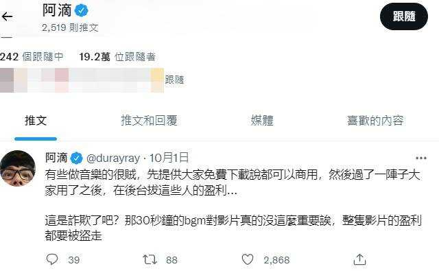 阿滴成音樂版權的受害者。（圖／翻攝自阿滴推特）