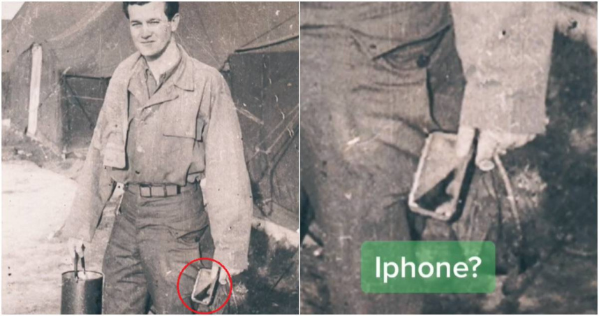 TikTok用戶分享一張二戰舊照片，稱祖父手裡拿著iPhone手機。（圖／擷取自Tiktok／@jimmythefilmmaker）