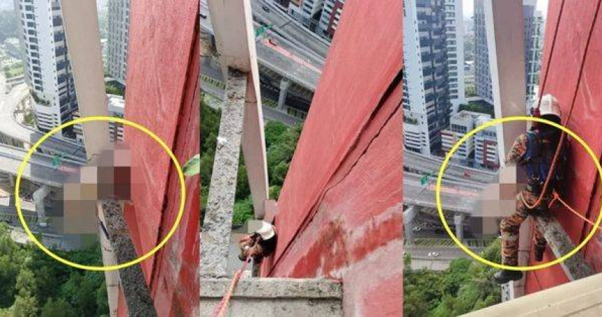 馬來西亞一名40多歲華裔婦女，疑似輕生墜樓，從公寓28樓跳下，沒想到遺體卡在了20樓的公寓外牆石灰柱。（圖／翻攝自東方日報）