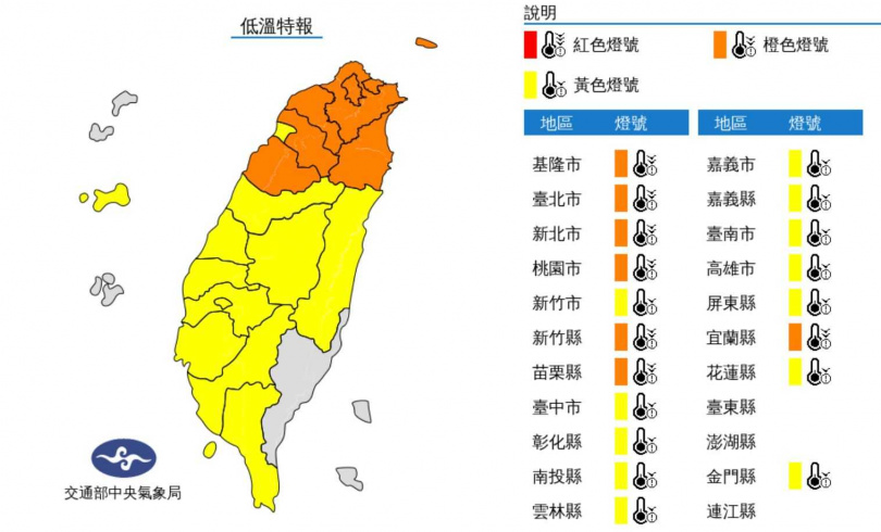 19縣市亮起低溫燈號。（圖／氣象局）