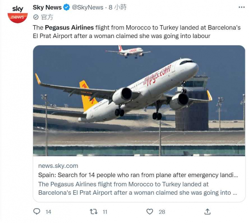 機上一名婦女聲稱「羊水破了」，讓機上28名非洲難民趁亂跳機。（圖／翻攝自@SkyNews推特）