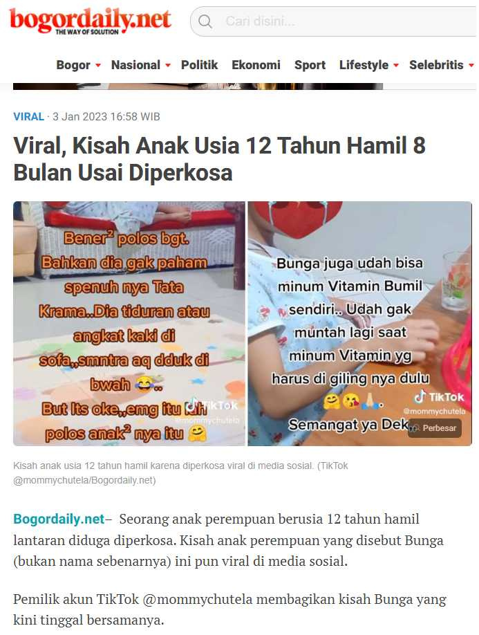 印尼12歲女童疑遭性侵懷孕，懷胎8月仍不知情。（圖／翻攝自Bogordaily.net）