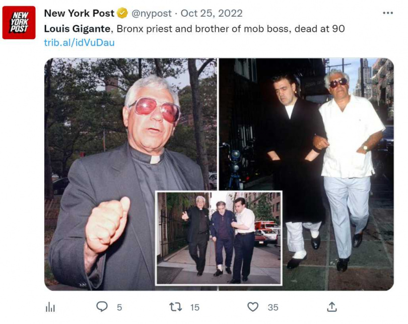 紐約一位90高齡辭世的榮休天主教神父卻過著假面的人生，和黑手黨有所往來、性虐兒童！（圖／翻攝自New York Post推特）