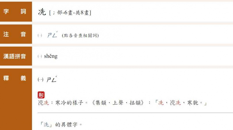「冼」字有人念ㄒㄧㄢˇ，教育部則發音為ㄕㄥˇ，典故和沈姓有關。（圖／翻攝自教育部）