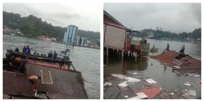 查亞普拉一間水上餐廳承受不了地震的搖晃，直接倒塌、沒入海中，店內4名女子逃生不及，遺體在廢墟中被發現。（圖／翻攝自推特）