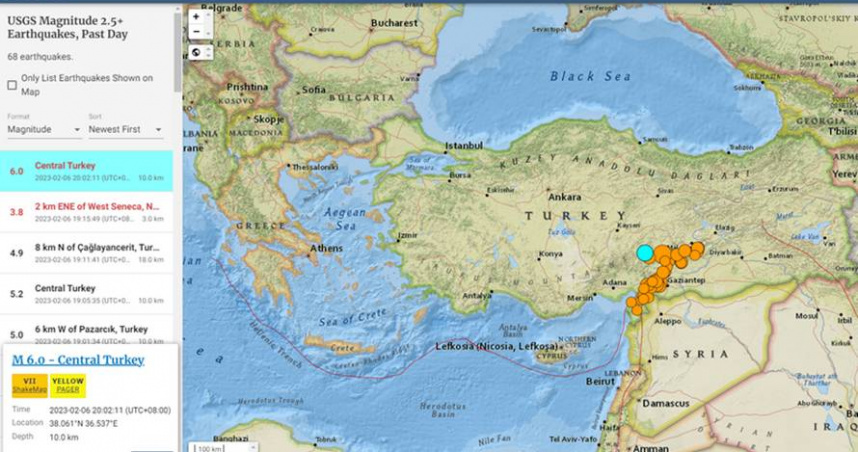 土耳其中部在台灣時間晚間8點左右，再度發生芮氏規模6.0的淺層地震。（圖／翻攝自美國地質調查局網站）