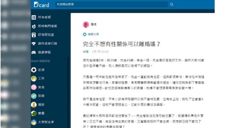 原PO表示，自己並非全然無性欲，但就是不會想和丈夫發生關係。（圖／翻攝自Dcard）