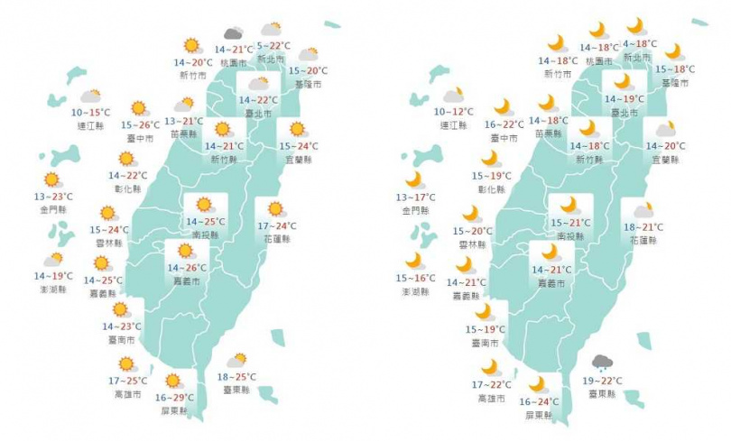 白天氣溫仍舒適，但晚上會變冷。（圖／中央氣象局）