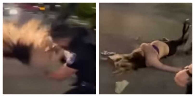 德州夜店辣妹鬥毆，其中一人竟被警衛高舉重摔。（圖／翻攝推特） 