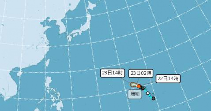 今年首颱「珊瑚」已經正在減弱當中，臉書粉專「天氣風險公司」指出，颱風強度未來將減弱，於遠海上消散，對台灣無影響。（圖／氣象局）