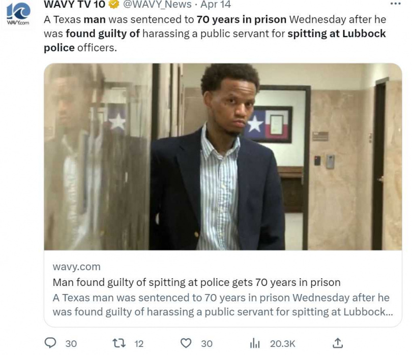 皮爾森因被逮捕時向警方吐口水，而被判處70年監禁。（圖／翻攝自推特） 