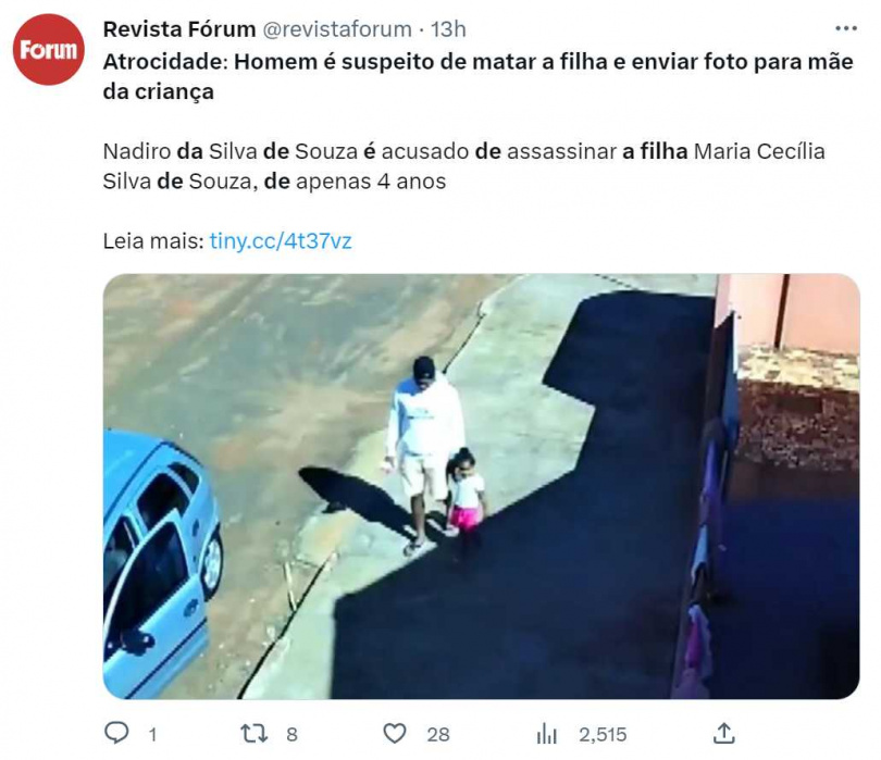 納迪羅和碧翠絲離婚後，贏得4歲女兒瑪麗亞（Maria Cecilia Silva de Souza）部分監護權，12日是男方第二次探視瑪麗亞，沒想到父女竟釀成一死一失蹤。（圖／翻攝自推特）