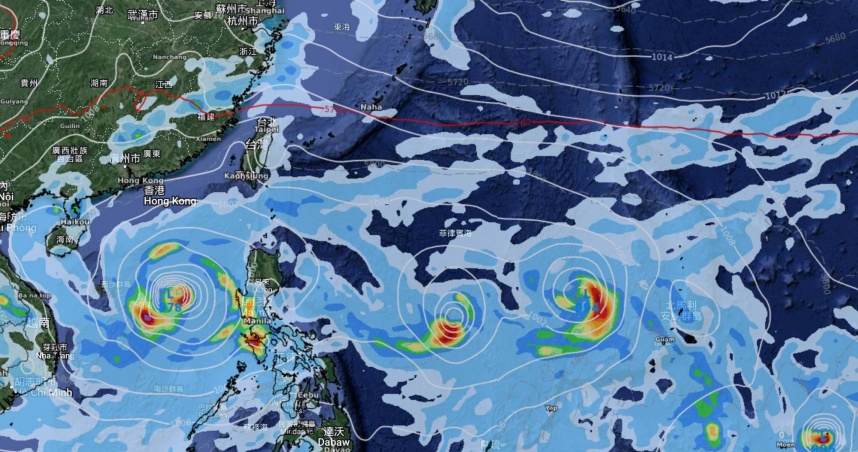 美國GFS模式14天後的預測，「梅雨不見了，換成颱風排排站」。（圖／翻攝自Facebook／天氣風險）