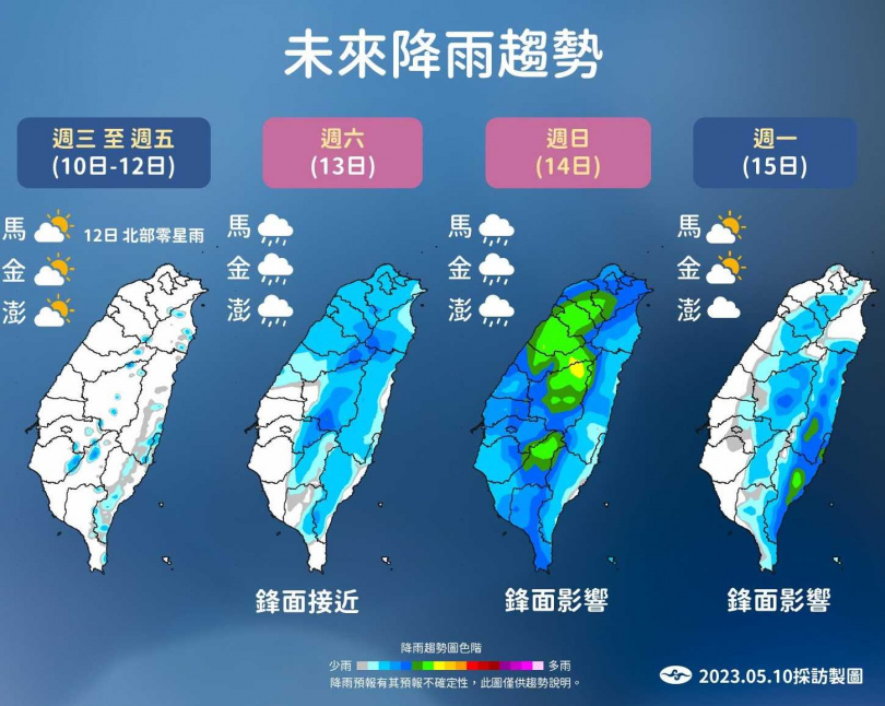 週末到下週天氣都會受到鋒面影響。（圖／氣象局提供）