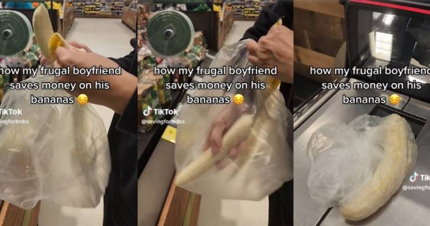 國外一名女網友日前拍了一段影片，他的男友前往超市購買香蕉時，竟把香蕉皮剝掉再裝袋稱重。（圖／翻攝TikTok@savingforboba）