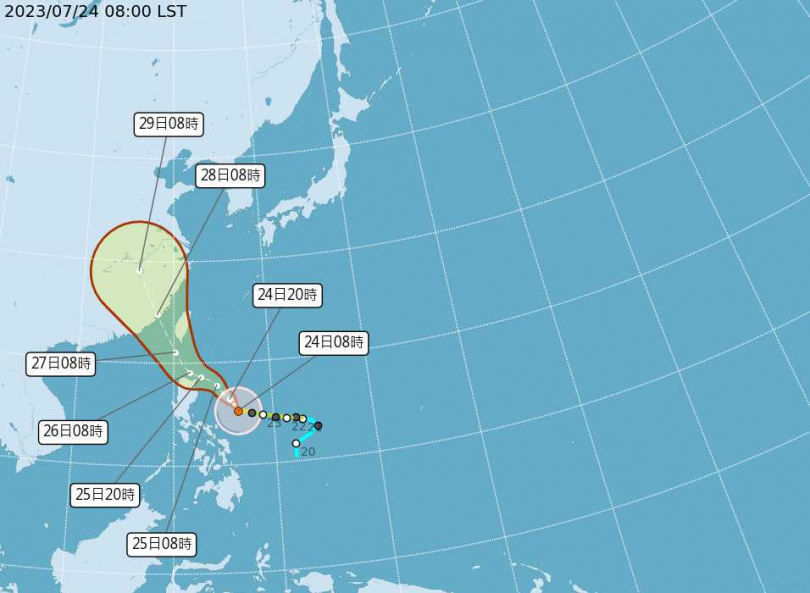 氣象局預估，週三、週四颱風中心將會從臺灣西南方近海通過北上。（圖／氣象局）