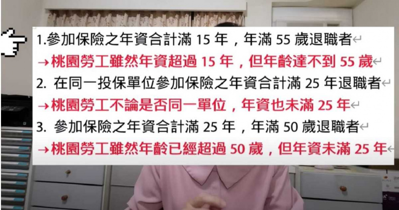 張秘書透露，勞工一次請領「老年給付」的標準有3種，該名勞工投保24年，死亡年齡為54.5歲，因此不符合上述資格。（圖／翻攝自YouTube／勞工朋友的秘書~張秘書）