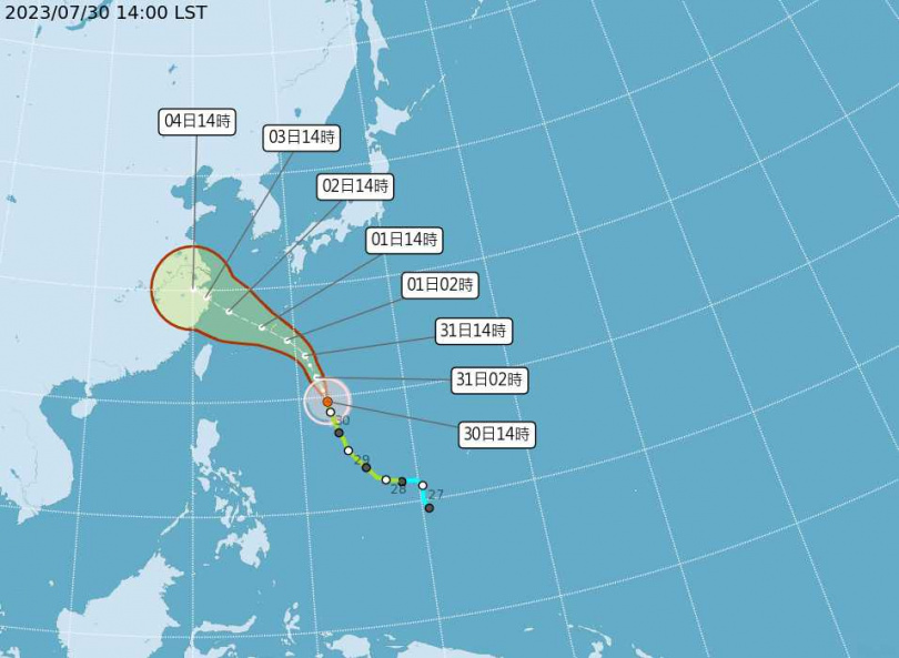 目前卡努颱風的路徑預測，預計2日最接近台灣。（圖／氣象局）