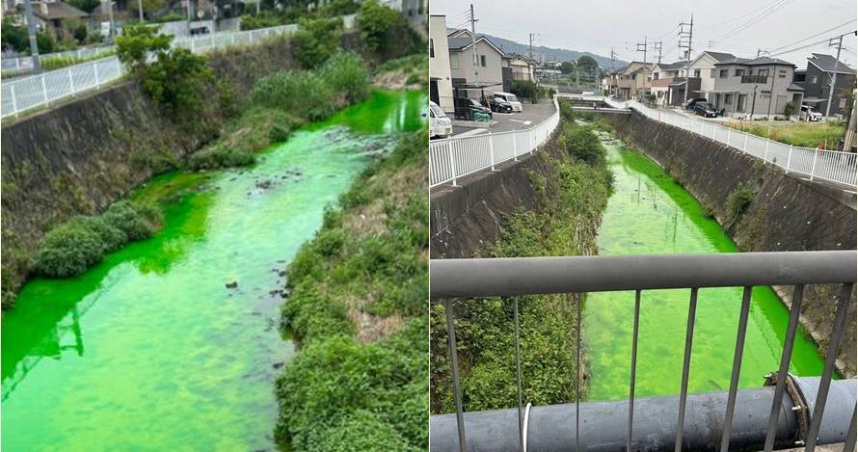 奈良縣的龍田川被居民發現變成詭異螢光綠色，如今相關單位提醒居民勿將這樣的水拿來灌溉農作物，並檢查出是被倒入食用色素。（圖／翻攝自推特）