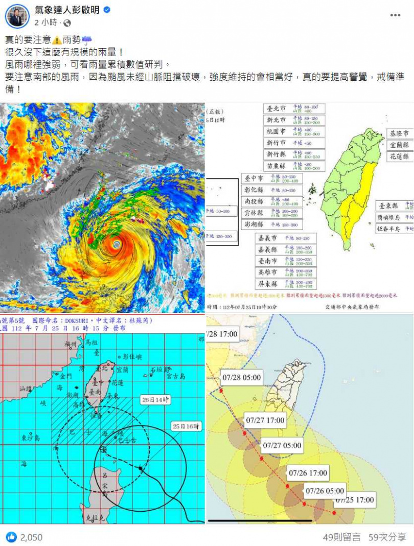 彭啟明PO出總雨量預測圖，要南部民眾戒備。（圖／翻攝自臉書）