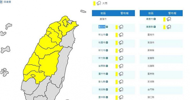 大雨特報。（圖／翻攝氣象局網站）