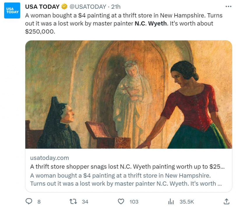美國一名婦女花4美元買下舊畫，6年後發現竟是大師真跡。（圖／翻攝自推特）