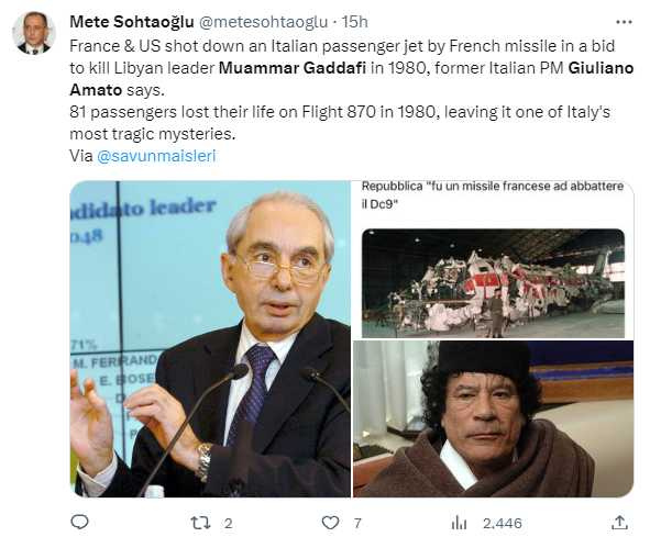 義大利前總理指控，法軍要殺格達費曾誤射飛彈擊落客機害死81人。（圖／翻攝自推特）