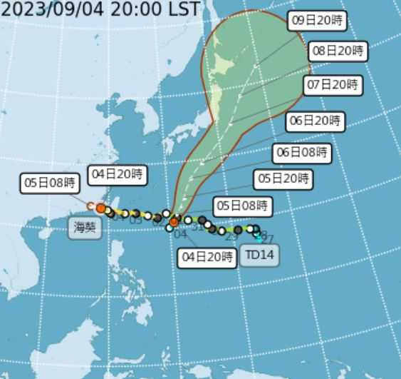 海葵颱風已減弱為輕颱，且持續朝西移動，熱帶性低氣壓TD14則將於5日增強為輕颱「鴛鴦」。（圖／中央氣象局）