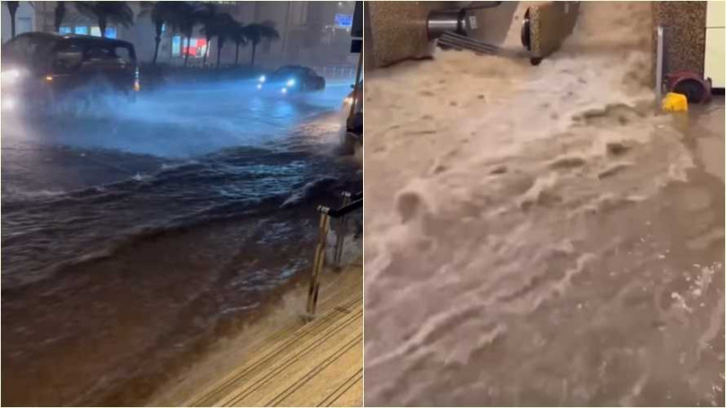 香港黑雨成災，馬路或地鐵站都嚴重淹水。（圖／讀者提供）