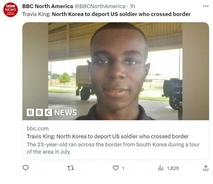 美軍士兵金恩7月從板門店叛逃，北韓宣布將他驅逐出境。（圖／翻攝自推特）