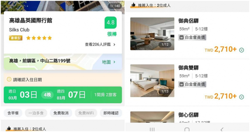 平常一晚要價破萬元的高雄晶英國際行館，竟出現2710元的破盤價。（圖／翻攝自臉書／布萊N 食宿人生）