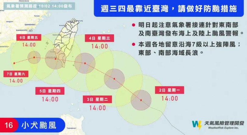 氣象署預估最快明天發布海上颱風警報，後天則發陸警。（圖／翻攝自天氣風險臉書）