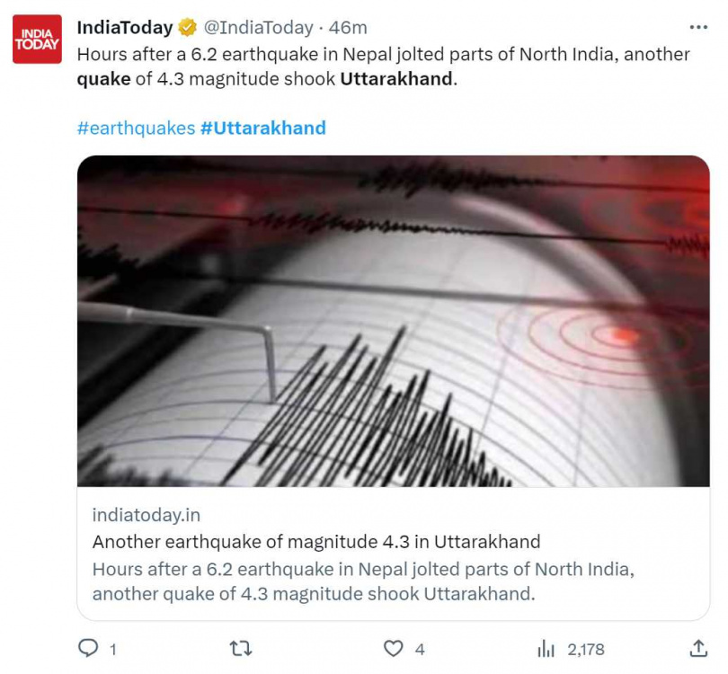 尼泊爾發生規模6.2「極淺層強震」，造成老舊建築物倒塌與山體滑坡 。（圖／翻攝自推特）