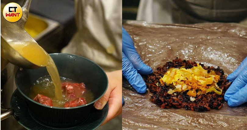 島語早餐餐檯提供現燙牛肉湯（左）與傳統手作飯糰。