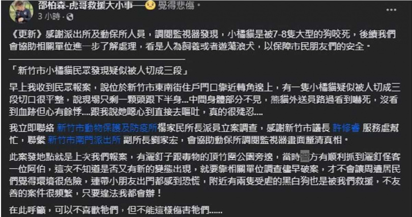 新竹市浪愛傳遞協會理事長邵柏虎協助調查小橘貓分屍案。（圖／擷取自「邵柏森—虎哥救援大小事」臉書）