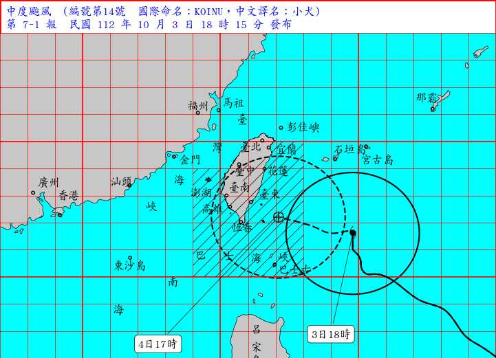小犬颱風逐漸靠近台灣。（圖／中央氣象署）
