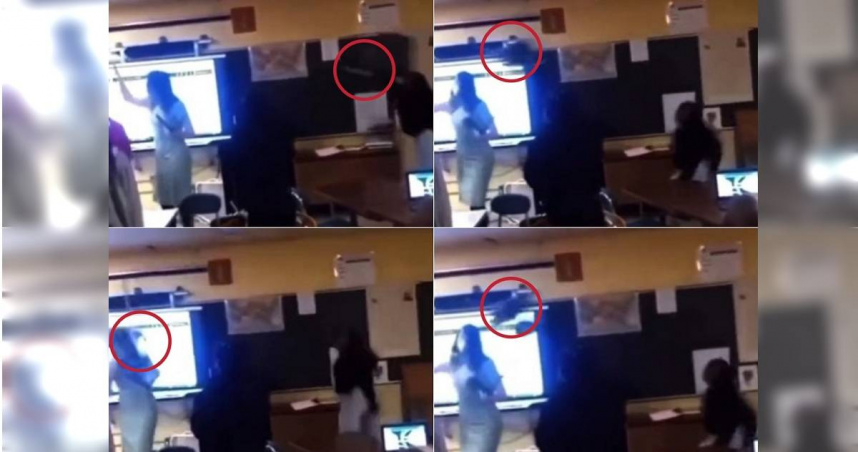 女老師慘被學生扔來的金屬椅子砸頭，當場倒地不起。（圖／翻攝自X／@AlertaMundial2）