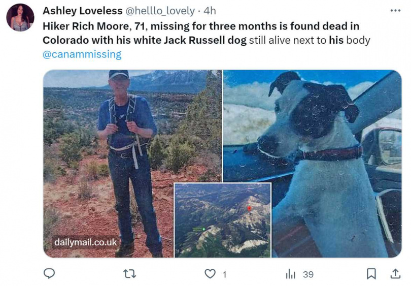 71歲老翁摩爾著愛犬登山卻從此失蹤。（圖／翻攝自推特）